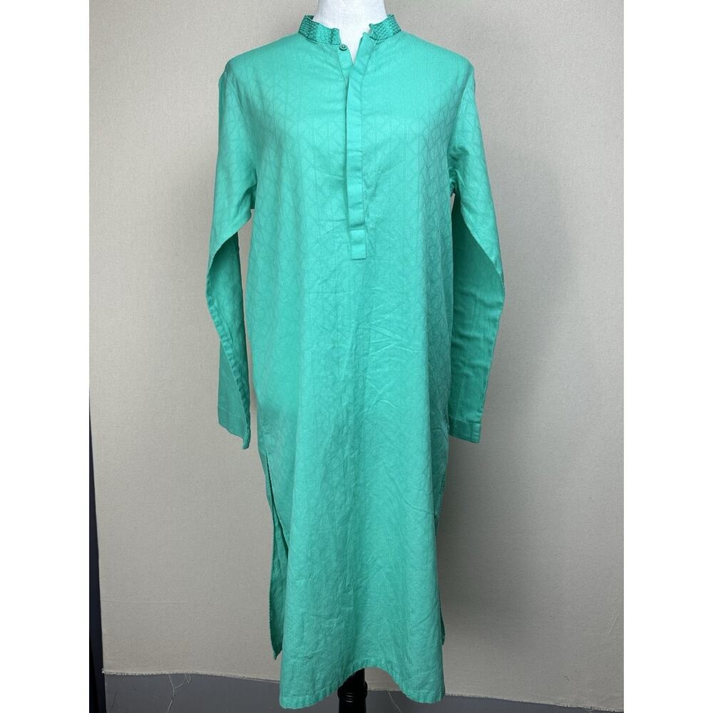 Chinyere Tunic‎ Dress Women's Sz Medium Slit V-Neck Bohemian Teal Green Pockets